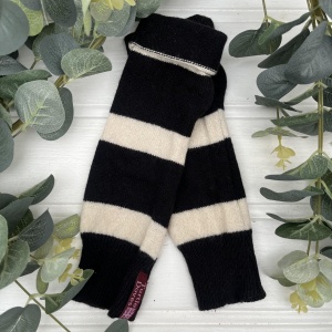 Cashmere Fingerless Gloves - Black Ivory Stripe